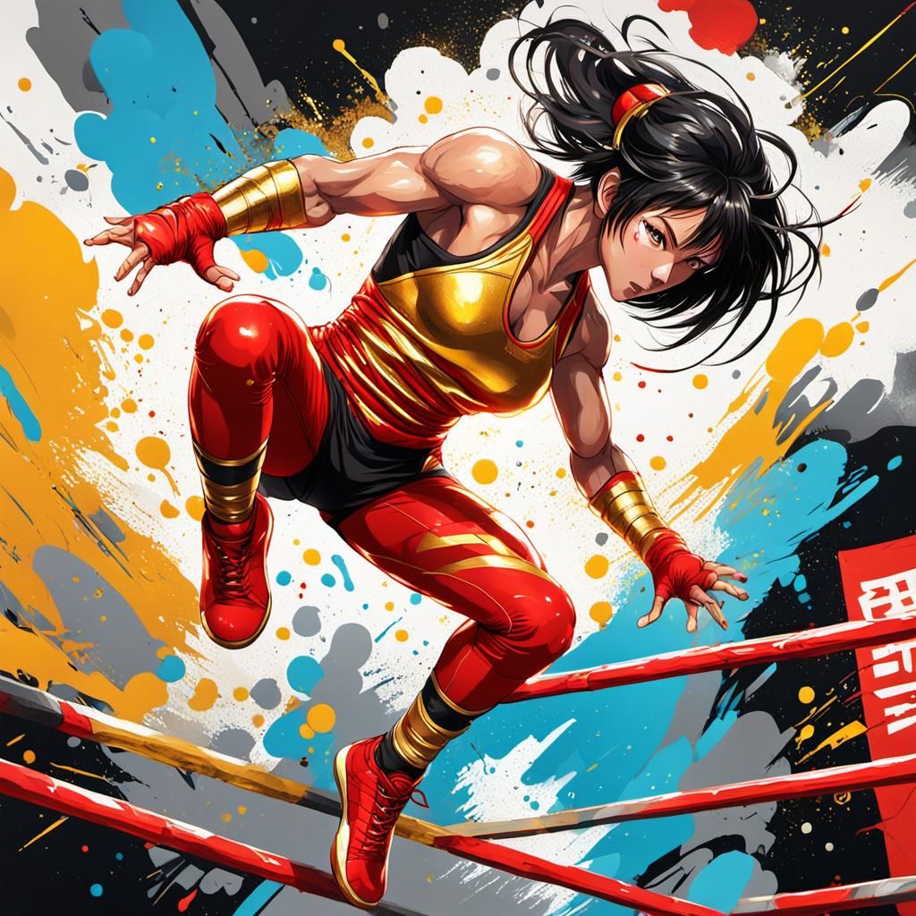Anime Woman Wrestler Leaping From Top Rope