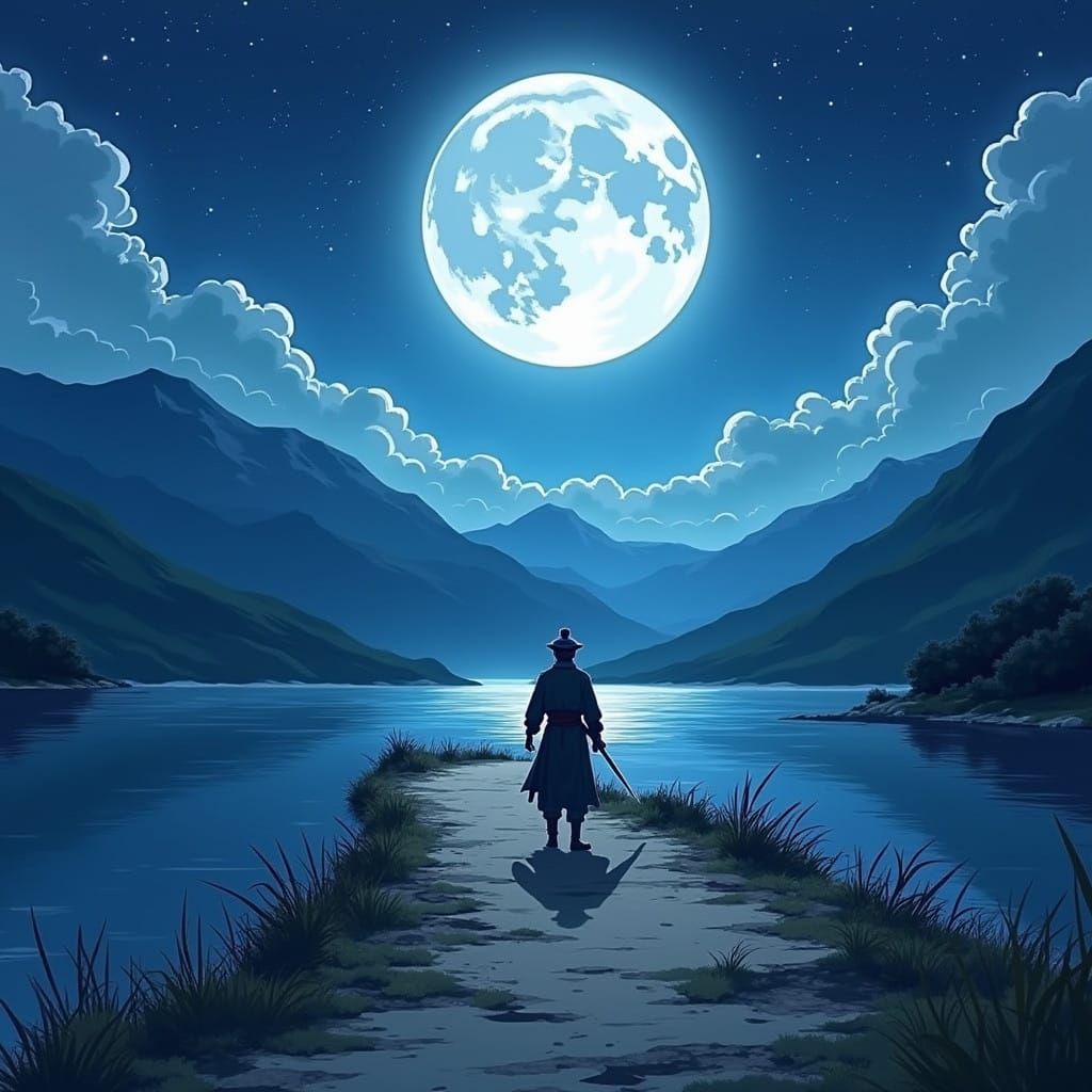 Majestic Nighttime Swordsman in Anime Style