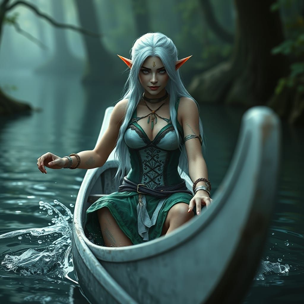 Wood-Elf Druid in Canoe Fantasy Concept Art