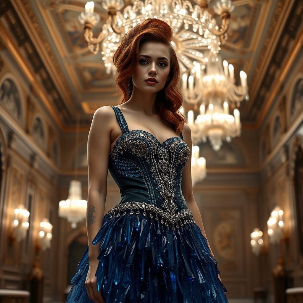 Auburn-Haired Woman in Opulent Ballroom, Hyperrealistic Styl...