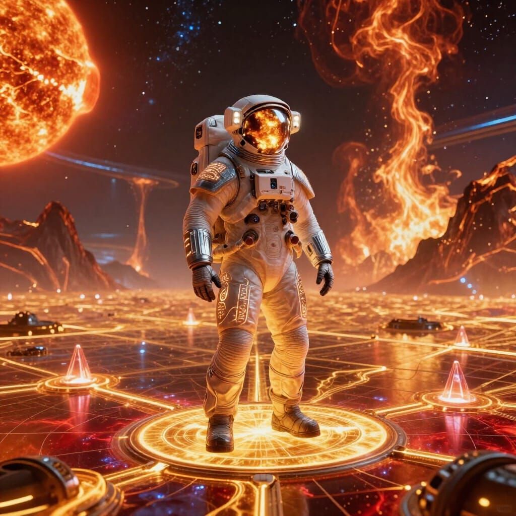 Astronaut Lands on Sun Surface in Mythic Sci-Fi Art