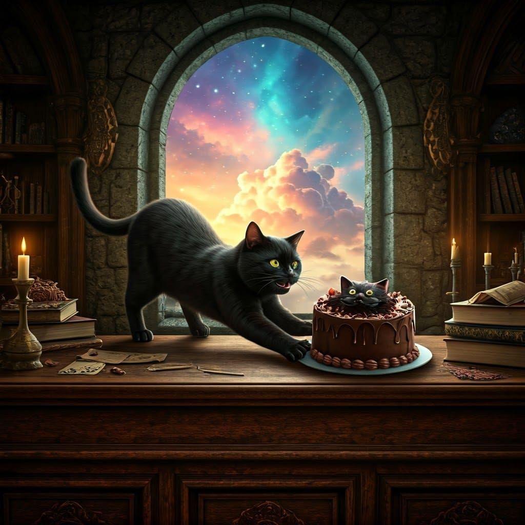 Magical Cat and Halloween Cake in Wizard's Study
