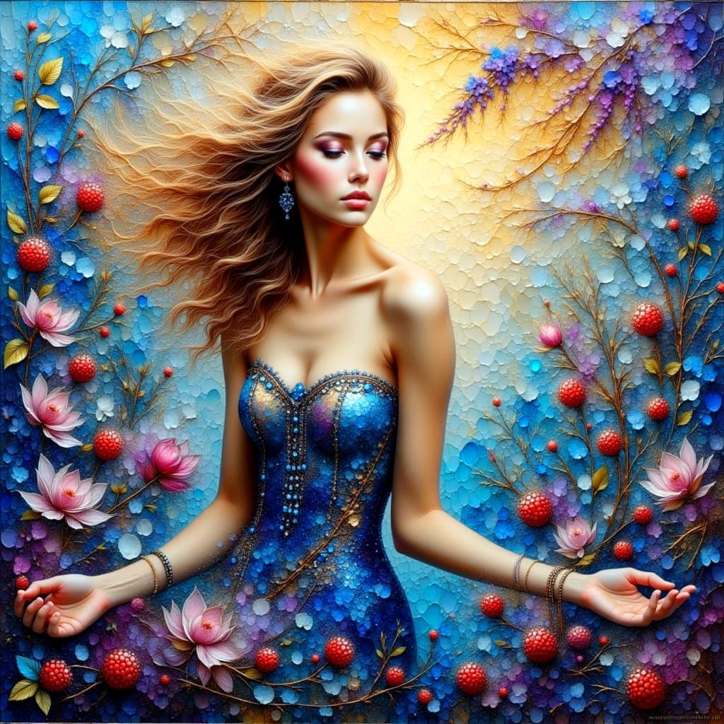 Metallic Woman in Wisteria Meadow: Impasto Art