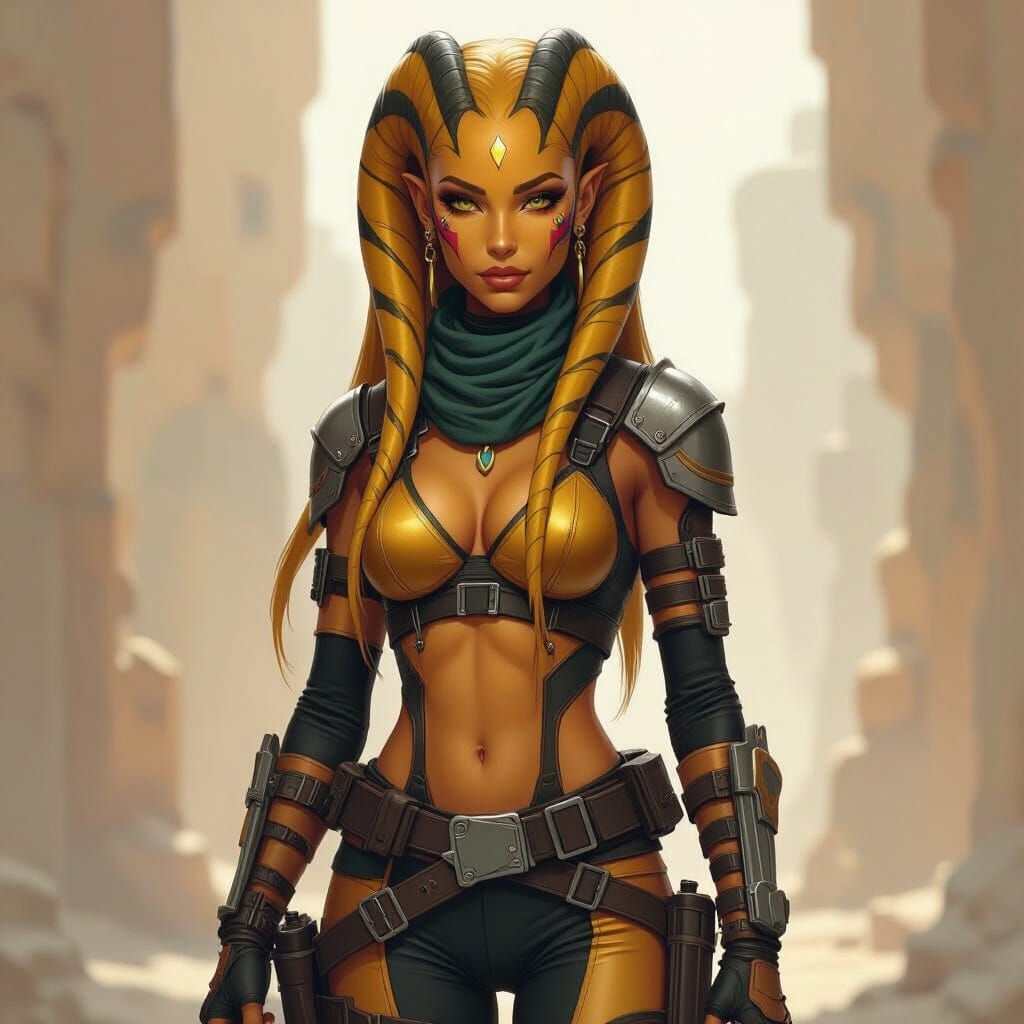 Golden Twi'lek Warrior in Sci-Fi Style
