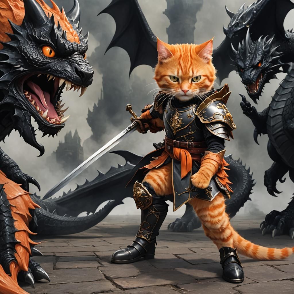 Fairytale Cat Ready to Fight Evil Dragon