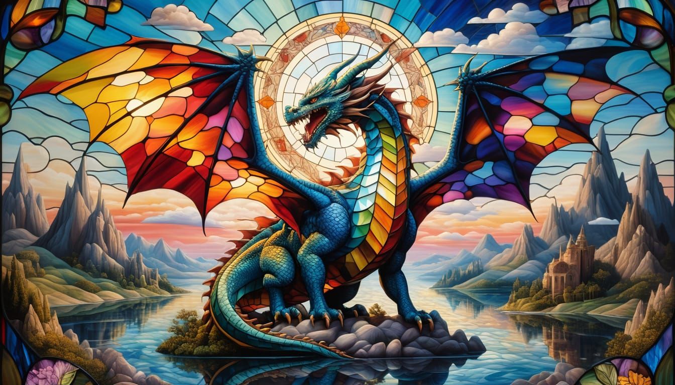Stained Glass Dragon Soaring in Surrealist Oil Painting