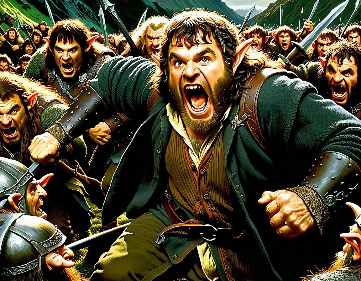 Fierce Hobbit in Oil Painting Battles Orcs
