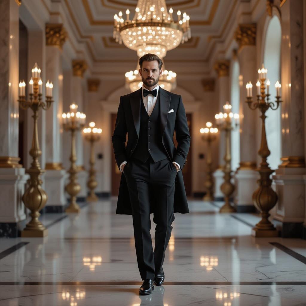 Dignified Gentleman in Ornate Hallway, Digital Art