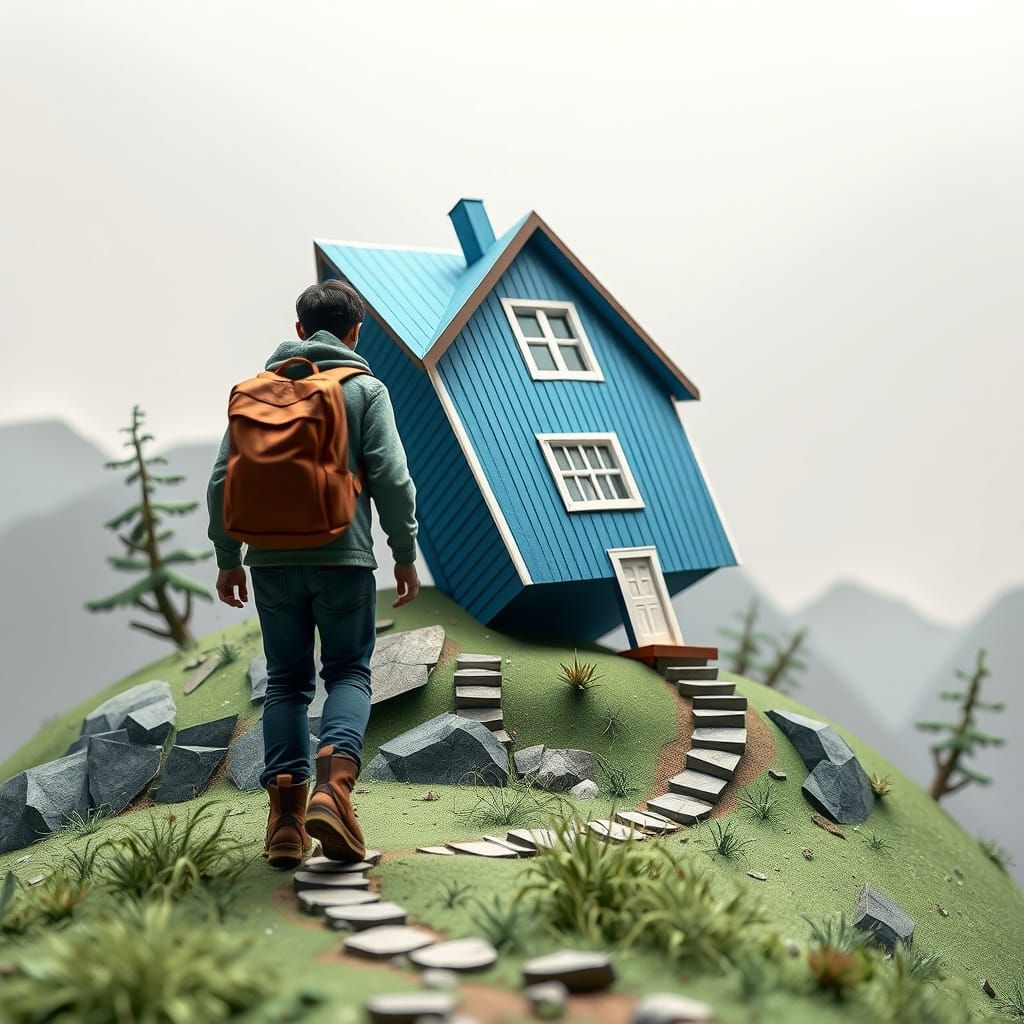 Blue House on a Hill in Papercraft Style
