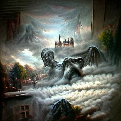 Angels Above City of Sinners, Surrealist Oil Painting