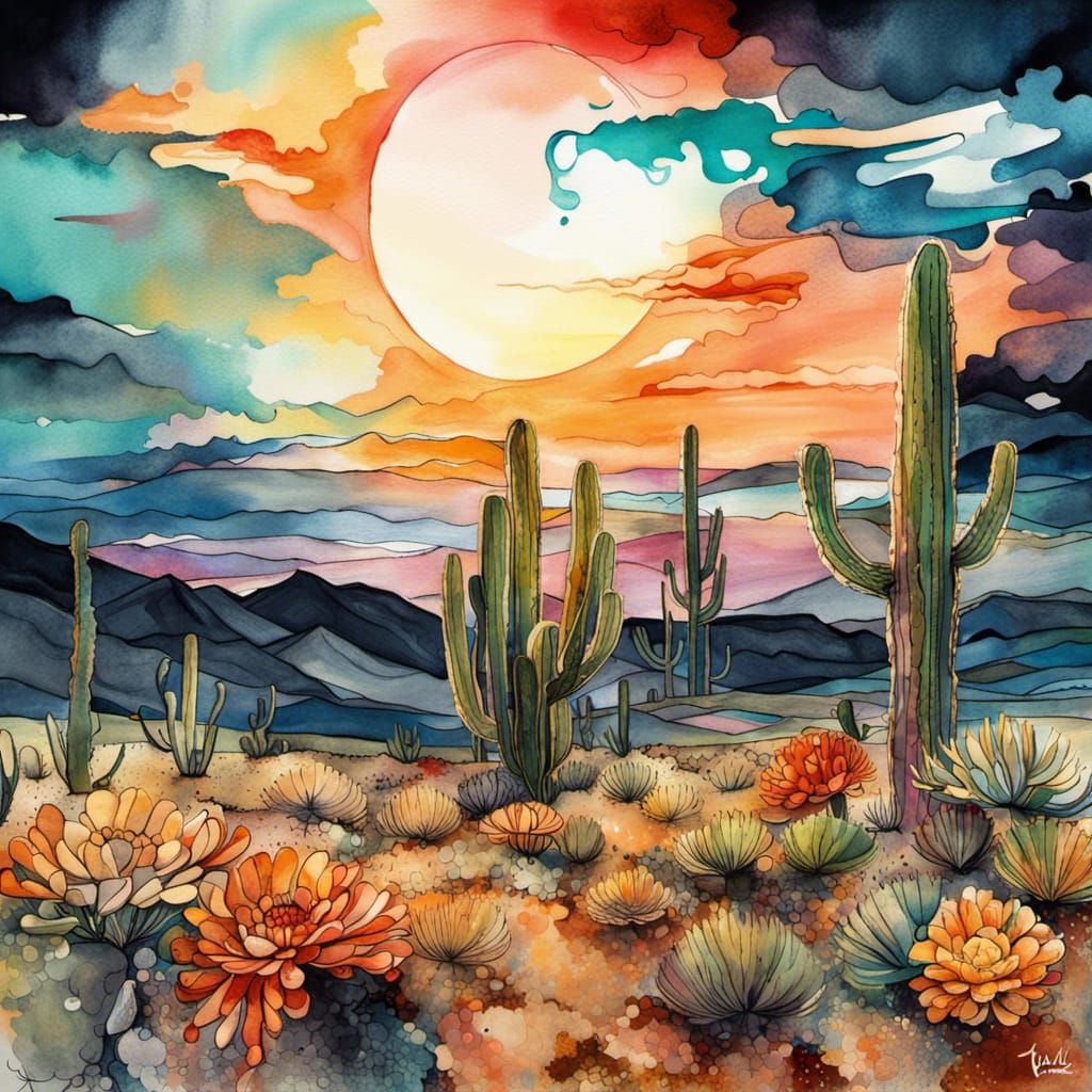 Desert Sunset Bloom in Vibrant Watercolor Style