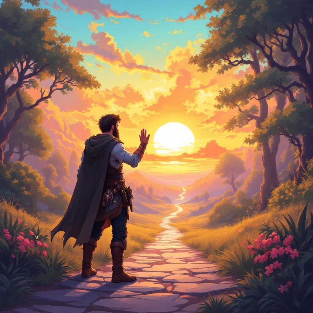 Heroic Paladin Bids Farewell in Vibrant Sunset