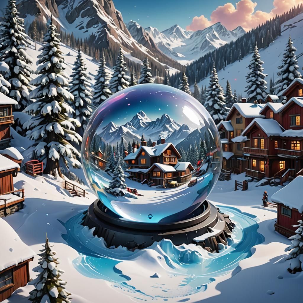 inside a crystal ball, d a miniature ski resort detailed mat...