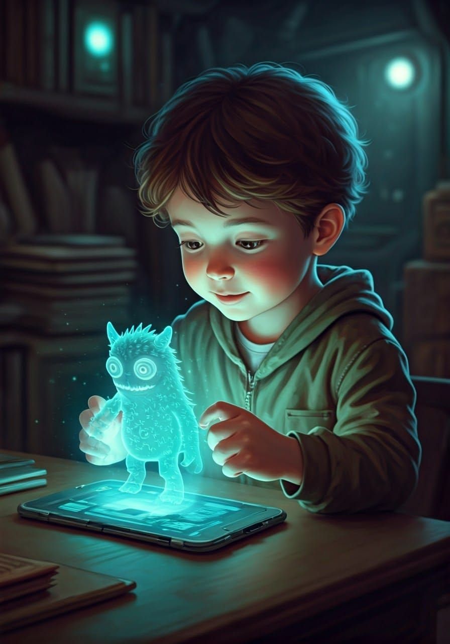 Boy Plays with Hologram Toy in Sci-Fi World