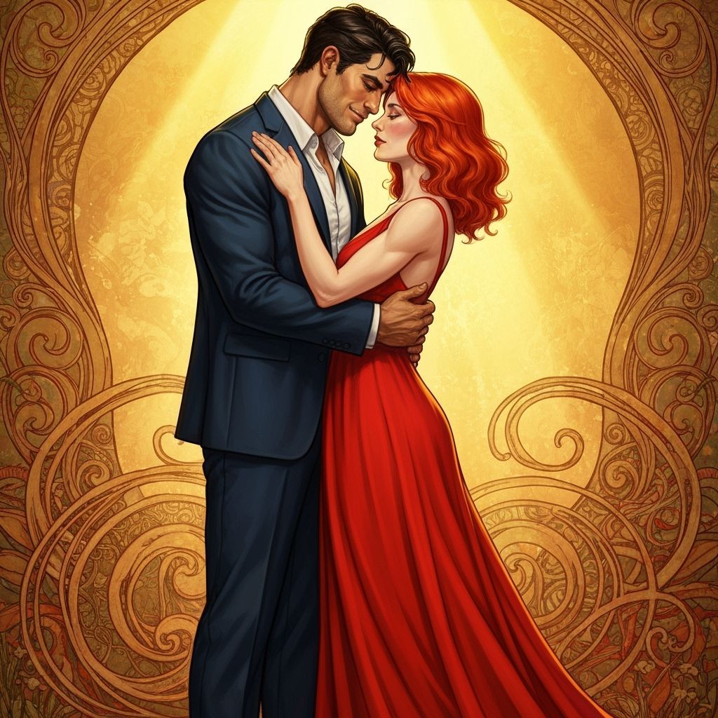 Romantic Embrace in Golden Light: Art Nouveau Painting