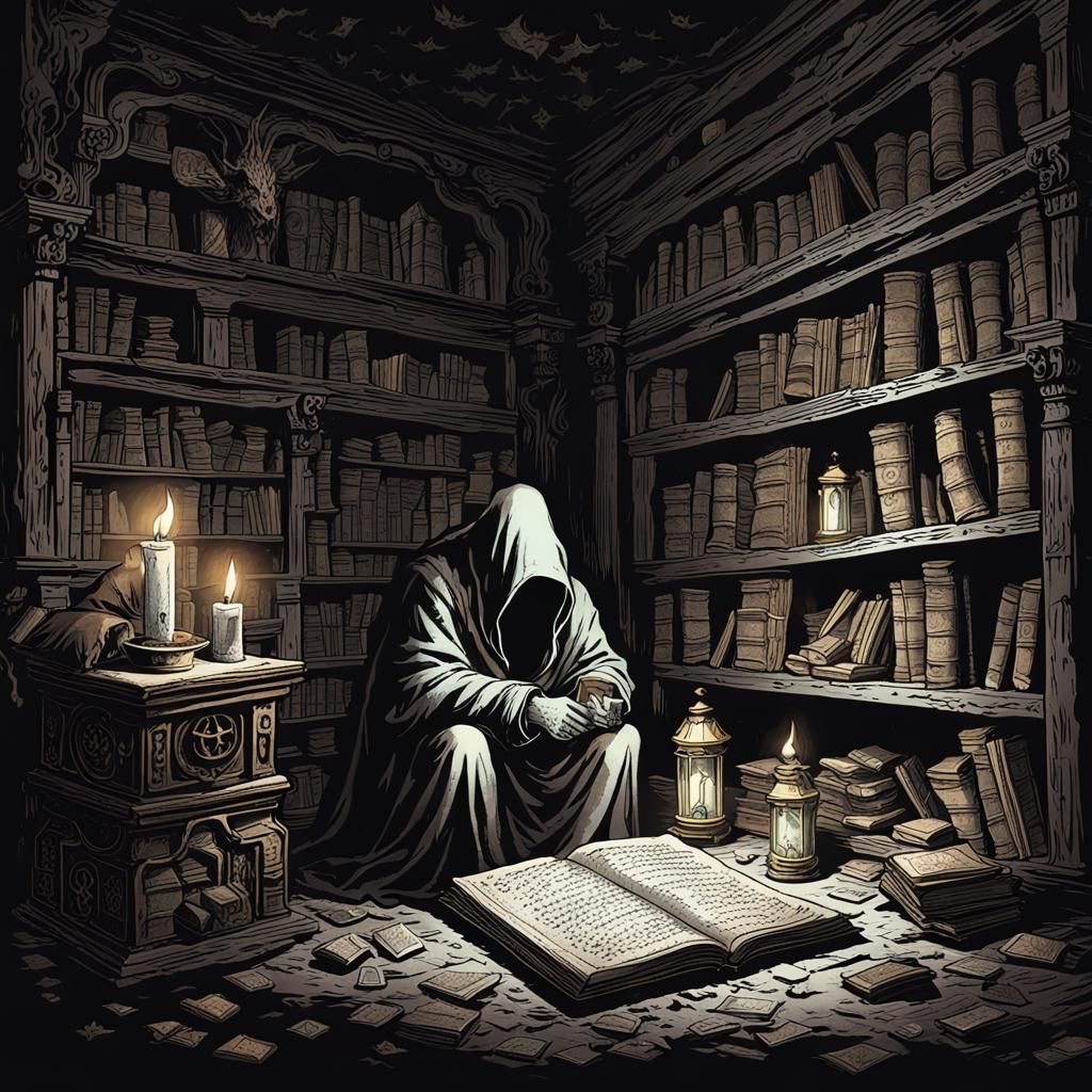 Arcane Secrets: Cloaked Figure in Candlelit Chamber
