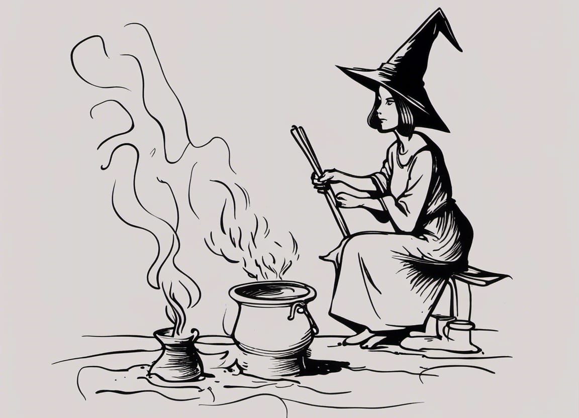 Minimalist Ink Sketch of Witch Stirring Cauldron