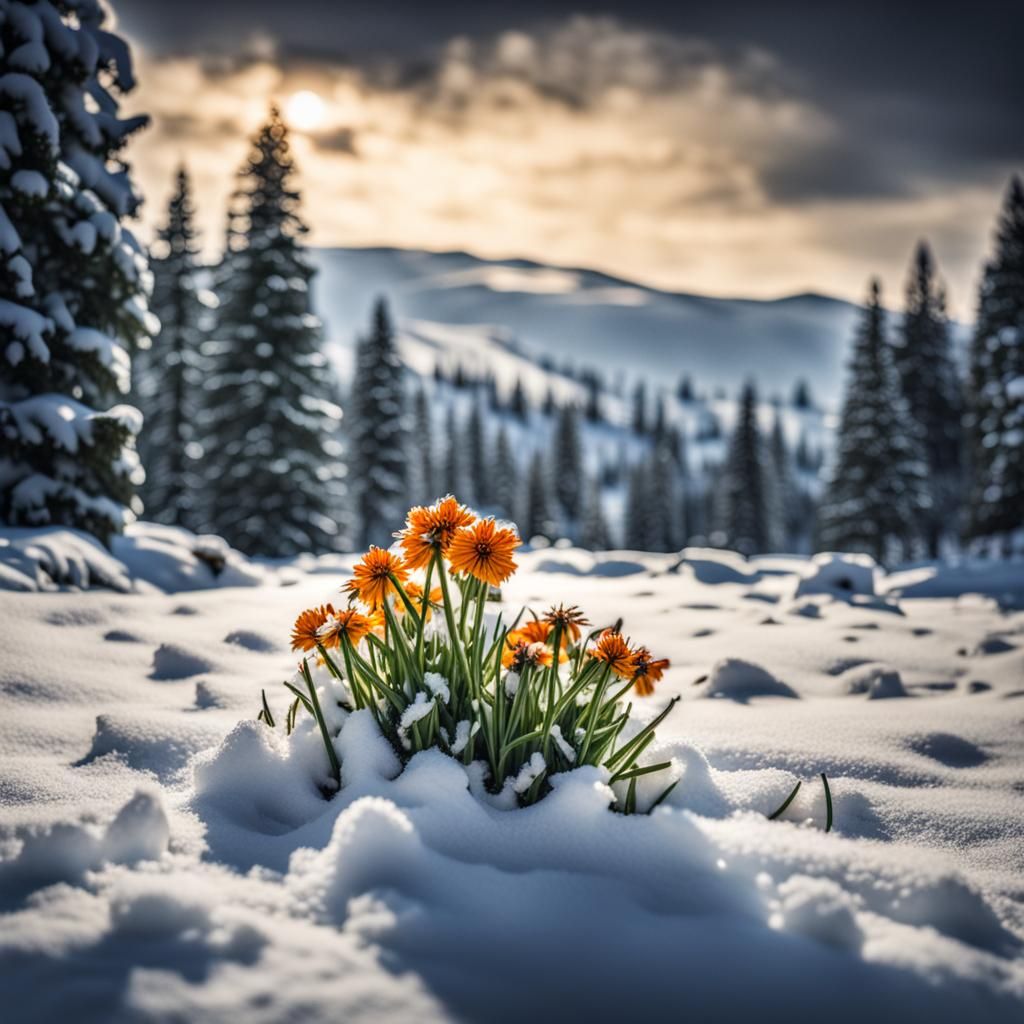 Flowers Bloom Through Snow: Hyperrealistic HDR Image