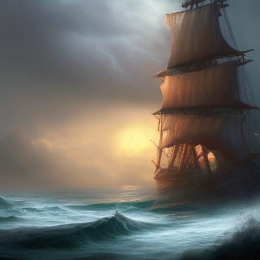 Ship in Storm: Detailed Fantasy Matte Painting