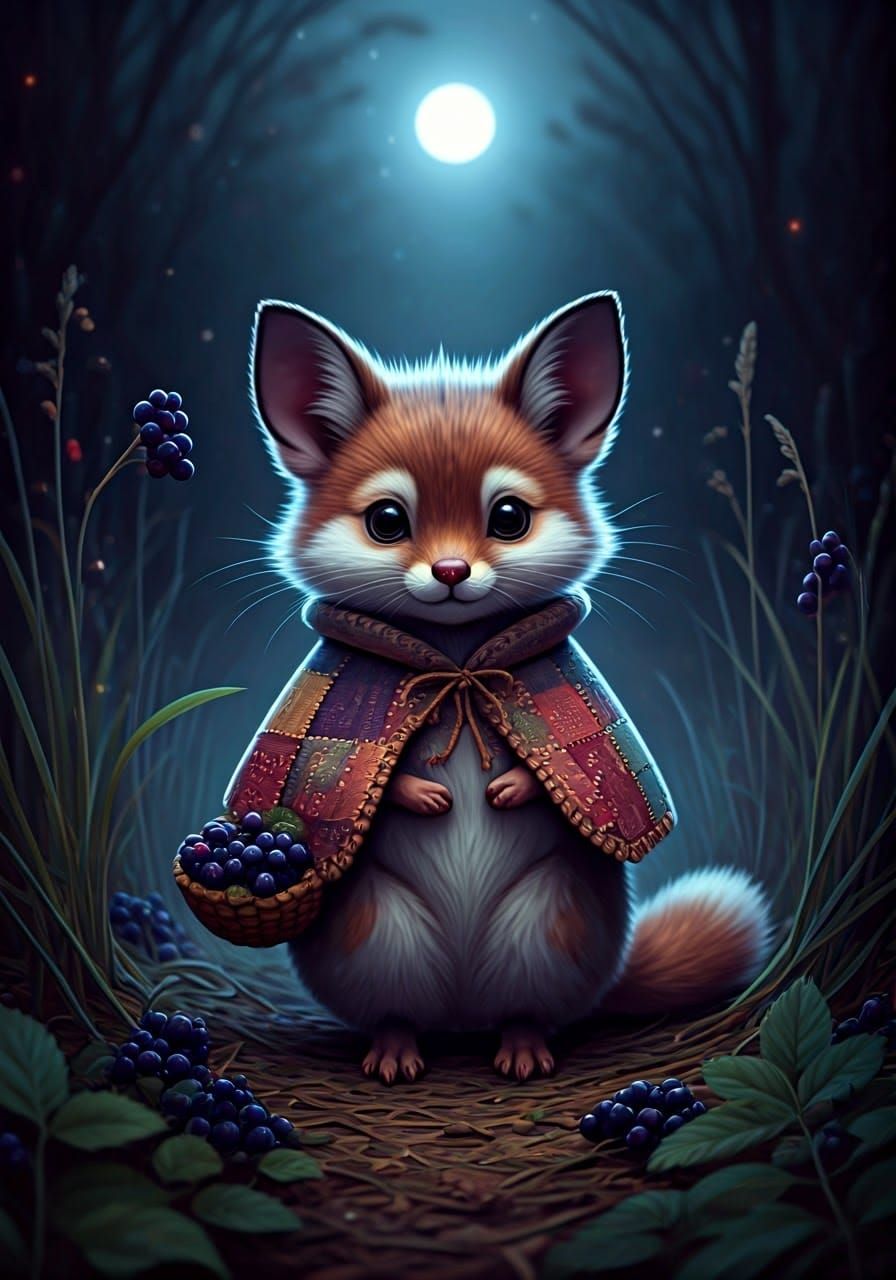 Whimsical Woodland Critter Gathering Berries by Moonlight