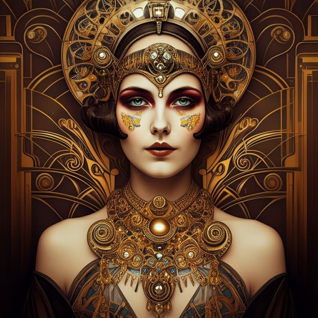 Art Deco Woman with Golden Swirls in Klimt Style