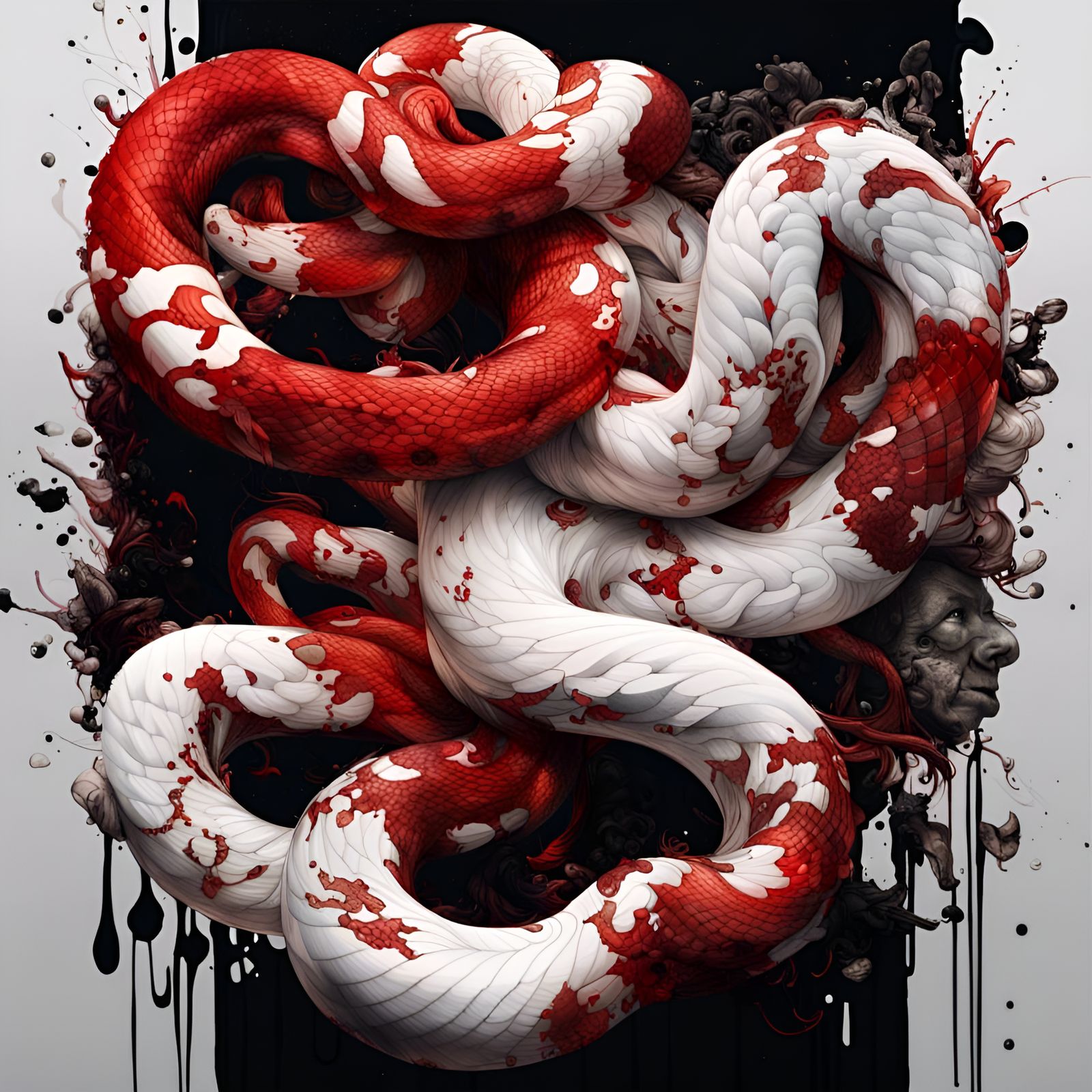Hyperrealistic Red and White Snake Portrait in Oil