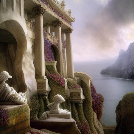 Fairytale Marble Castle on Cliffside, Alma-Tadema Style
