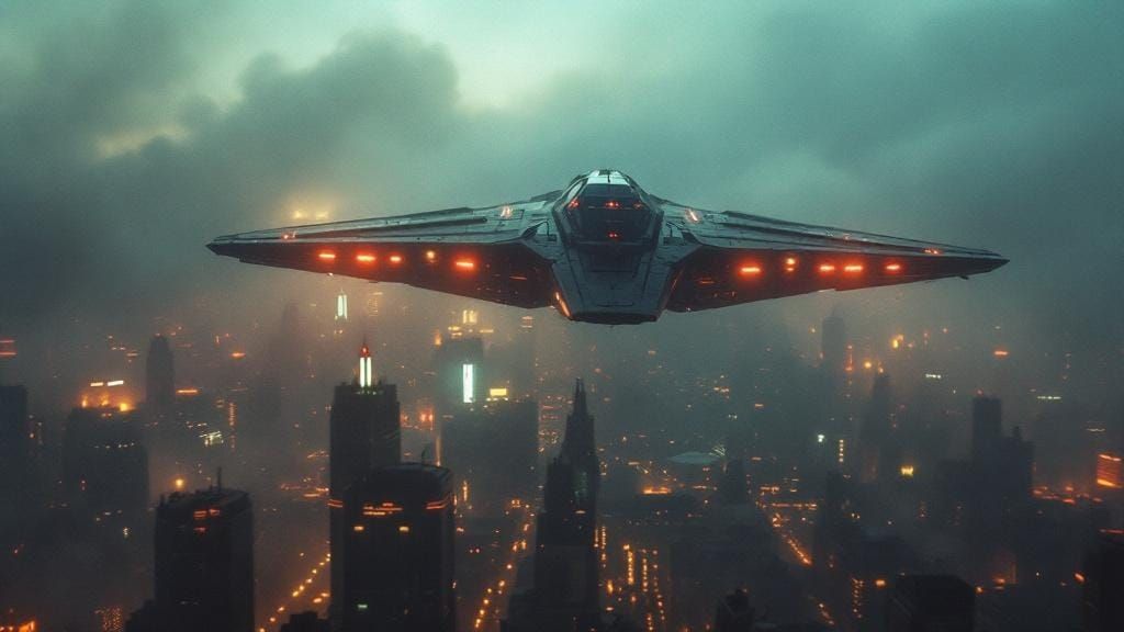 Cyberpunk Spaceship Over Dystopian Metropolis