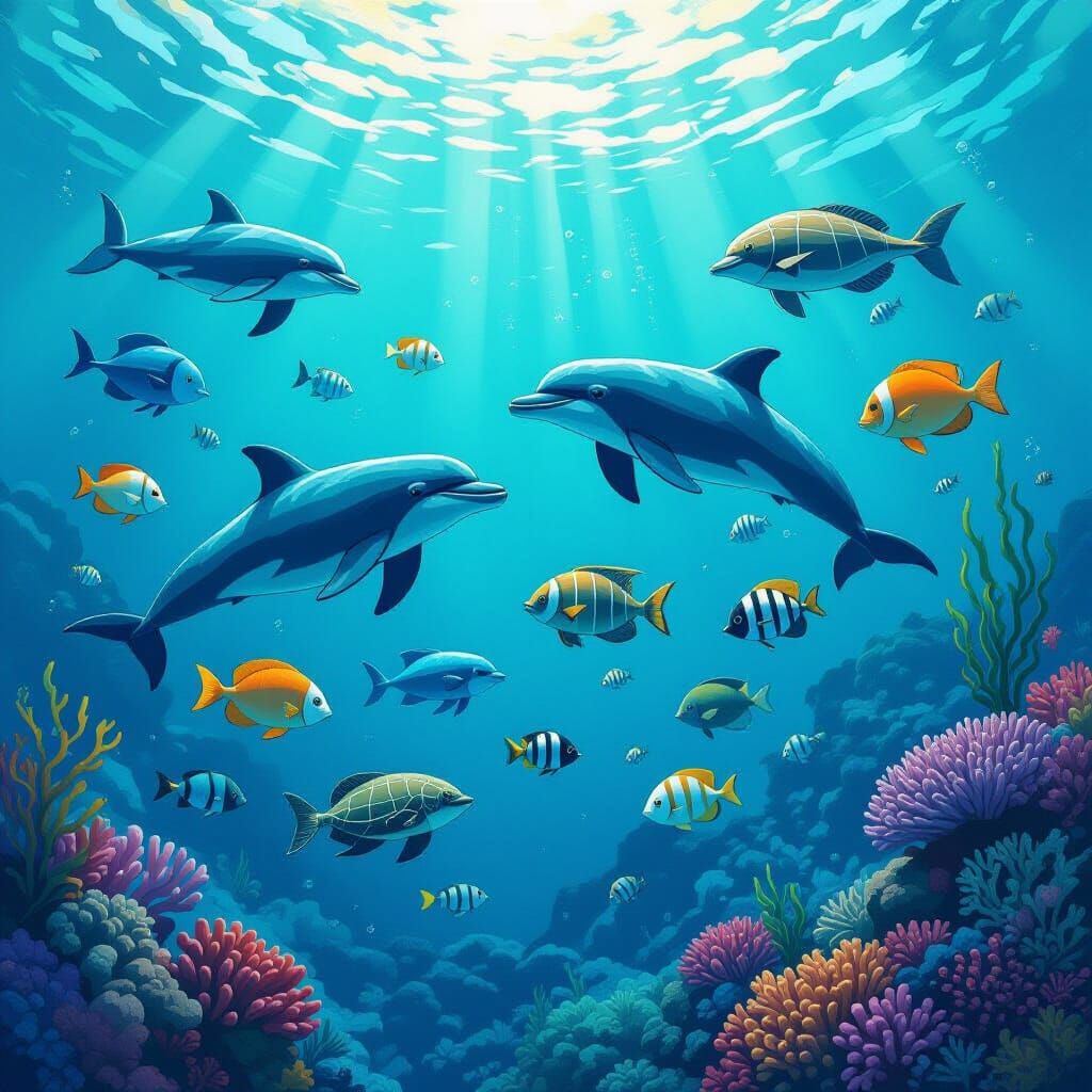 Underwater Gathering: Vibrant Sea Life Illustration
