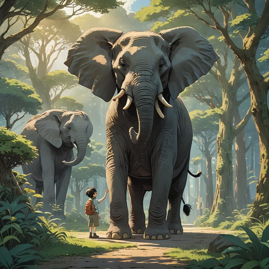 Friendly Elephants in Studio Ghibli Anime Style