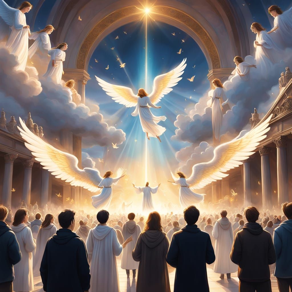 Angels Sing in Harmony with the Crowd in a Dreamlike Oil Pai...