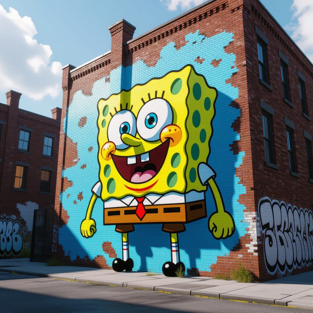 Spongebob Graffiti Mural on Tenement Building