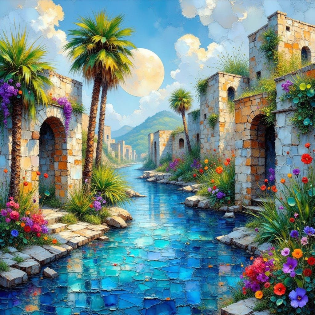 Chaotic Blue River Through Ancient Greek Ruins