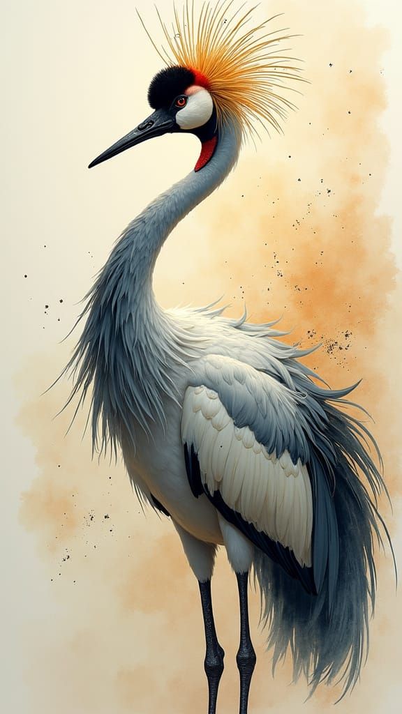 Stardust Crane in Ink and Gouache Style