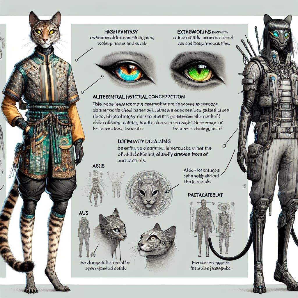 Dreamlike Alien Goddess with Feline Features and Multitailed...