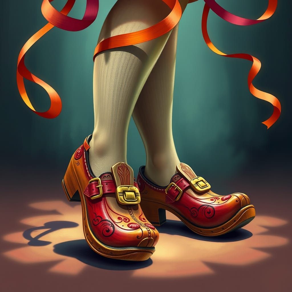 Vibrant Storybook Dancers in Whimsical Wooden Shoes