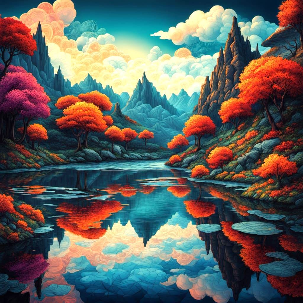 Embroidered Fractal Lake Scene in Art Nouveau Style