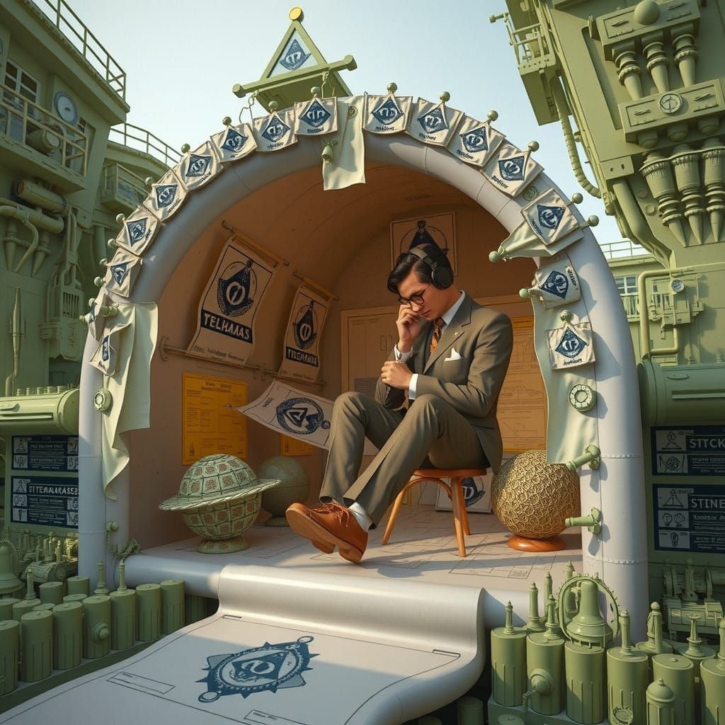 Businessman Amidst Surreal Mushroom Bureaucracy