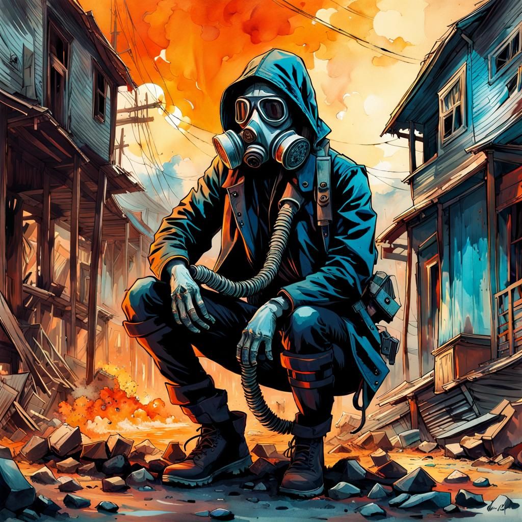 Post-Apocalyptic Skeleton in Gas Mask, Watercolor Style