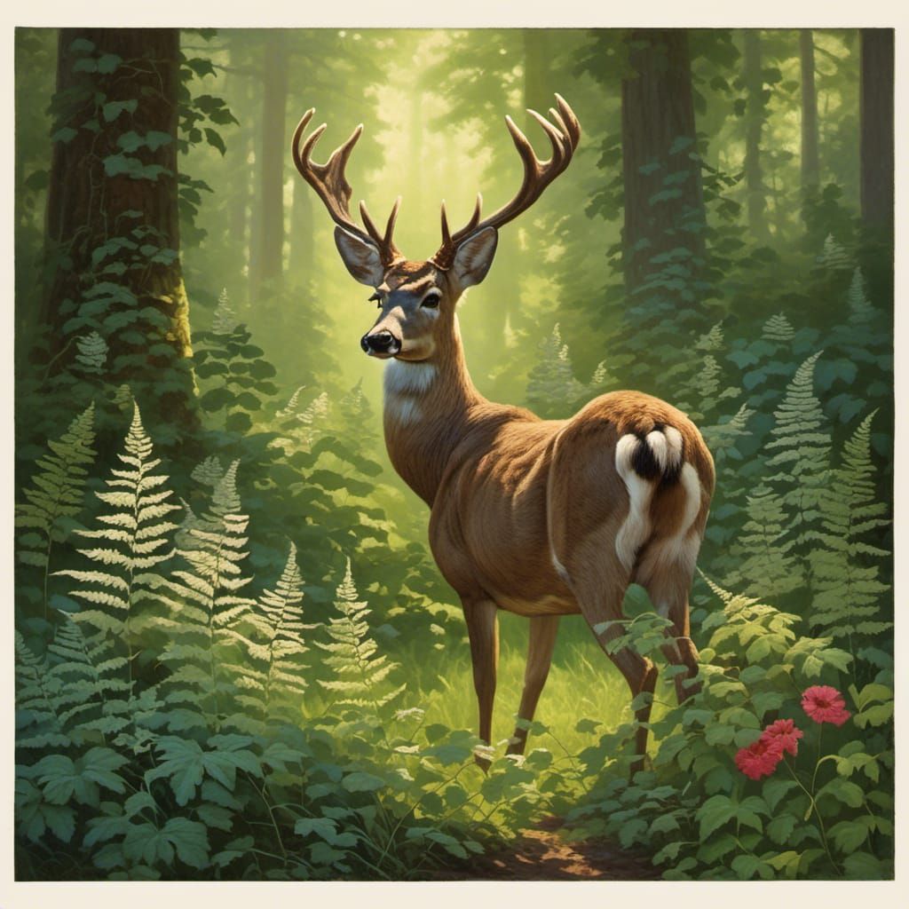 Deer in Sunlit Glade with Retro Style