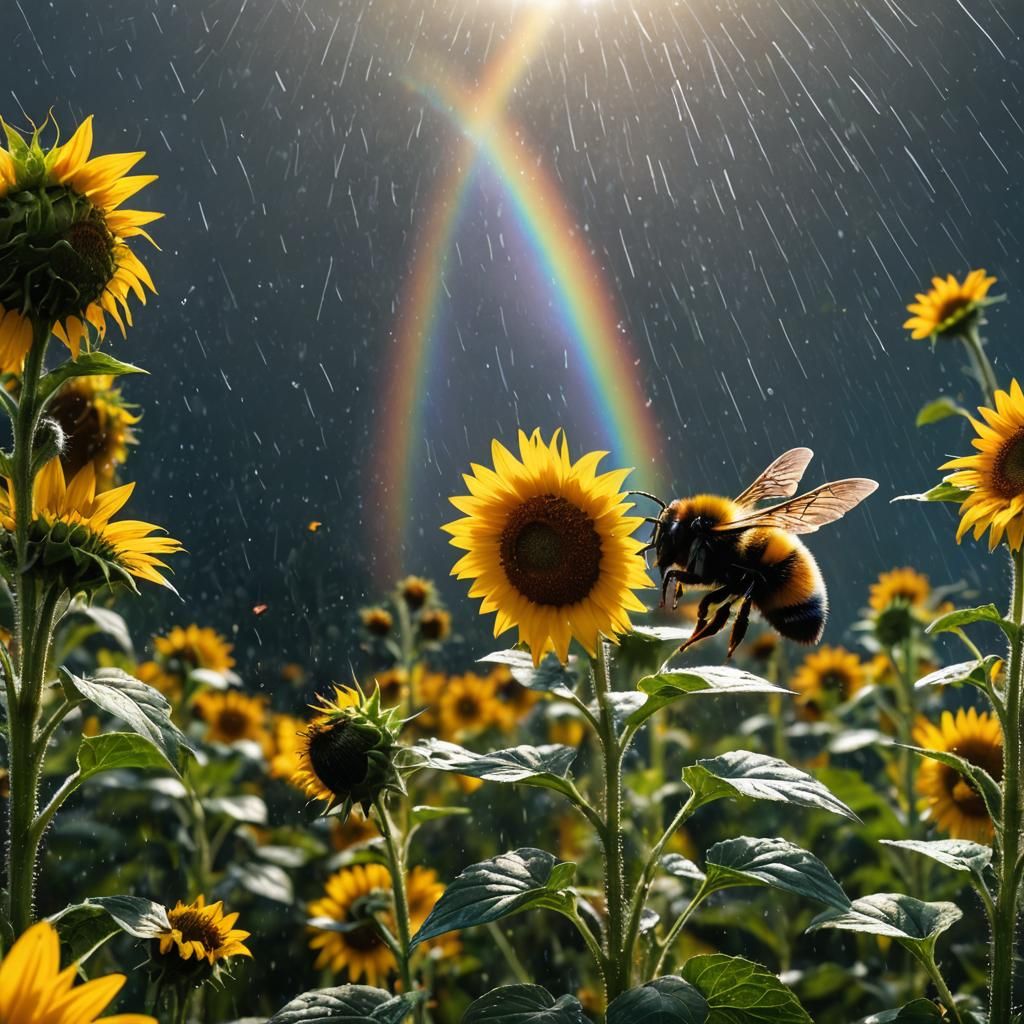 Bumble Bee Pollinating Sunflower with Rainbow Backdrop