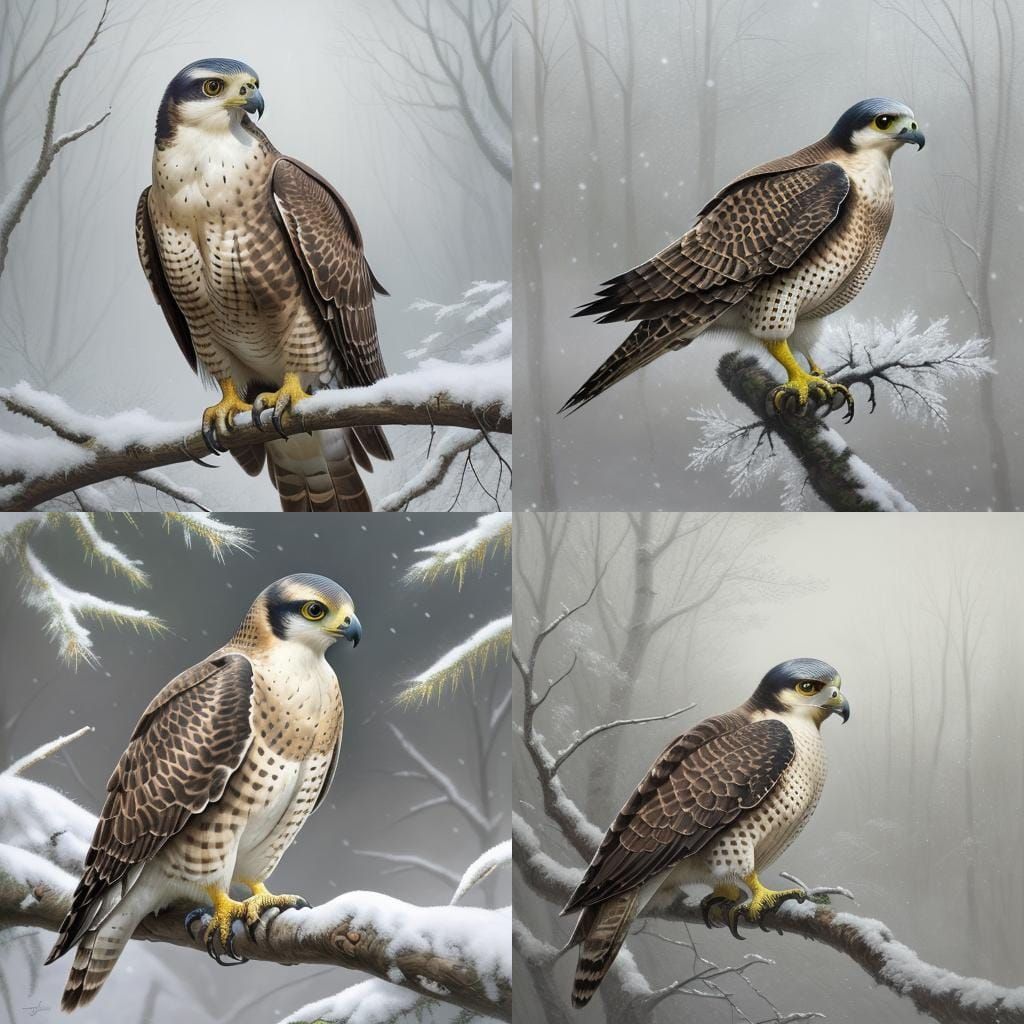 Peregrine Falcon on Snowy Branch in Hyper-Realistic Oil Pain...