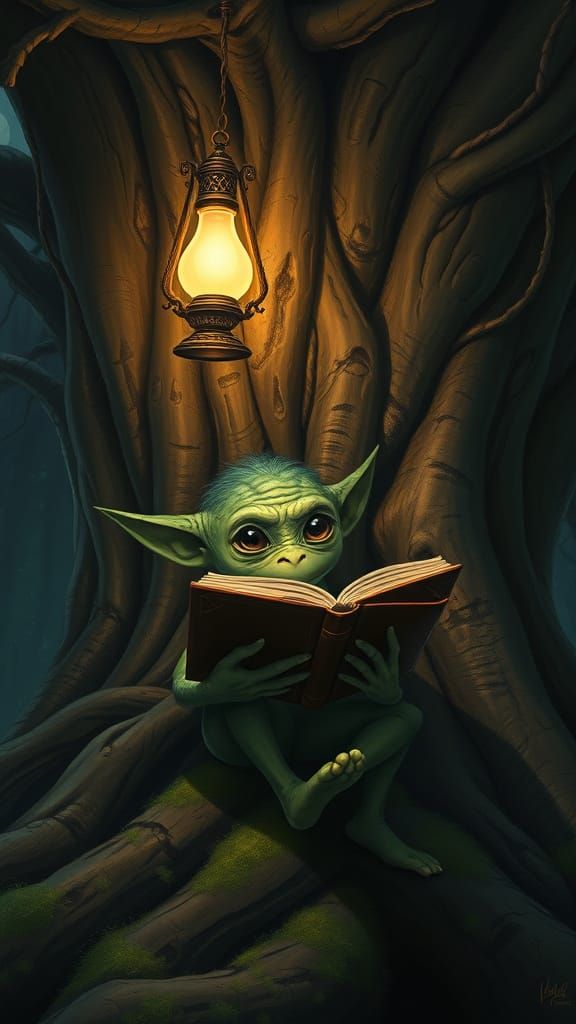 Shy Elf Monster Reading in Moonlit Forest