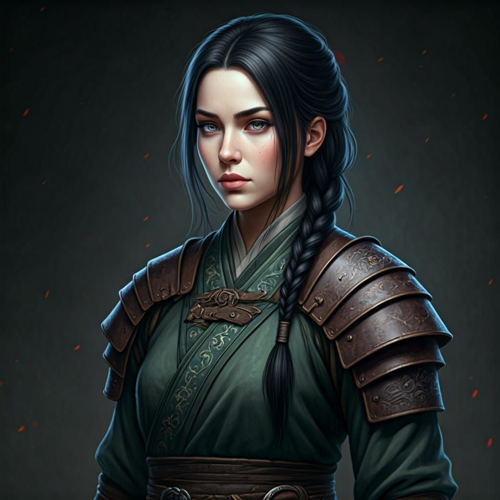 Strong Woman Warrior with Dark Braid and Saber