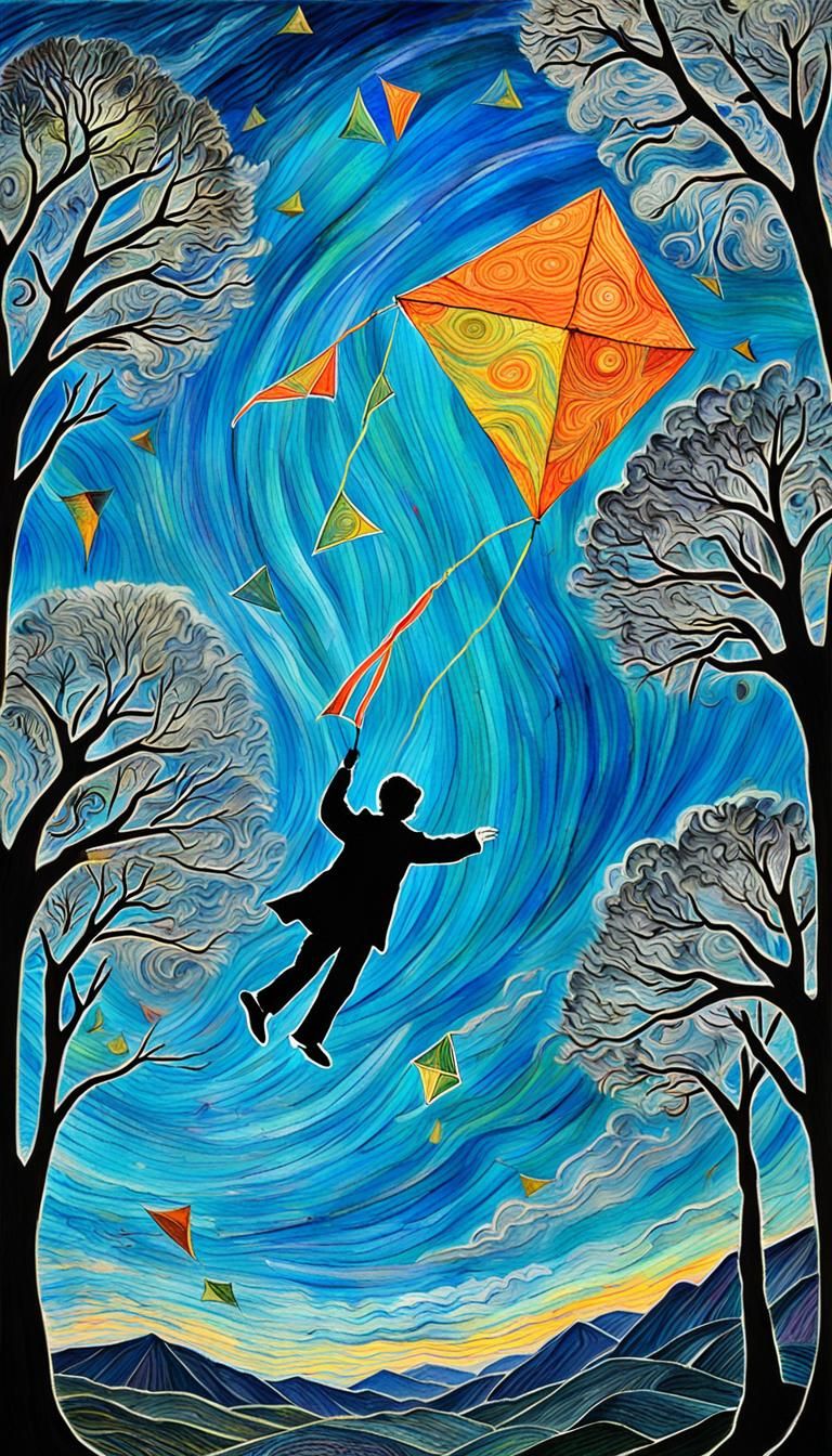 Kite flying, Van Gough flying an intricately patterned kite, Van Gough trees, Kids Crayon drawings ,surreal child's dra...