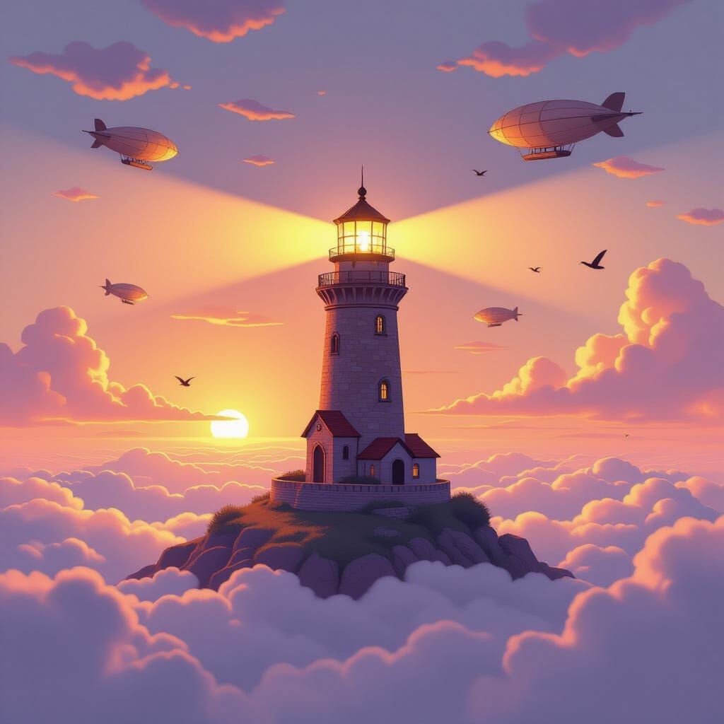 Floating Lighthouse in Dreamlike Sky
