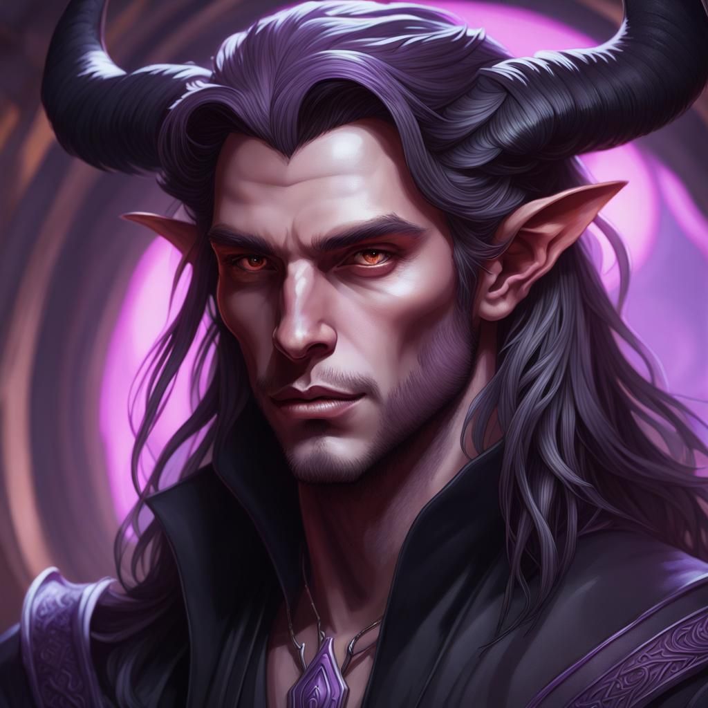 Purple Tiefling Portrait in Art Nouveau Style