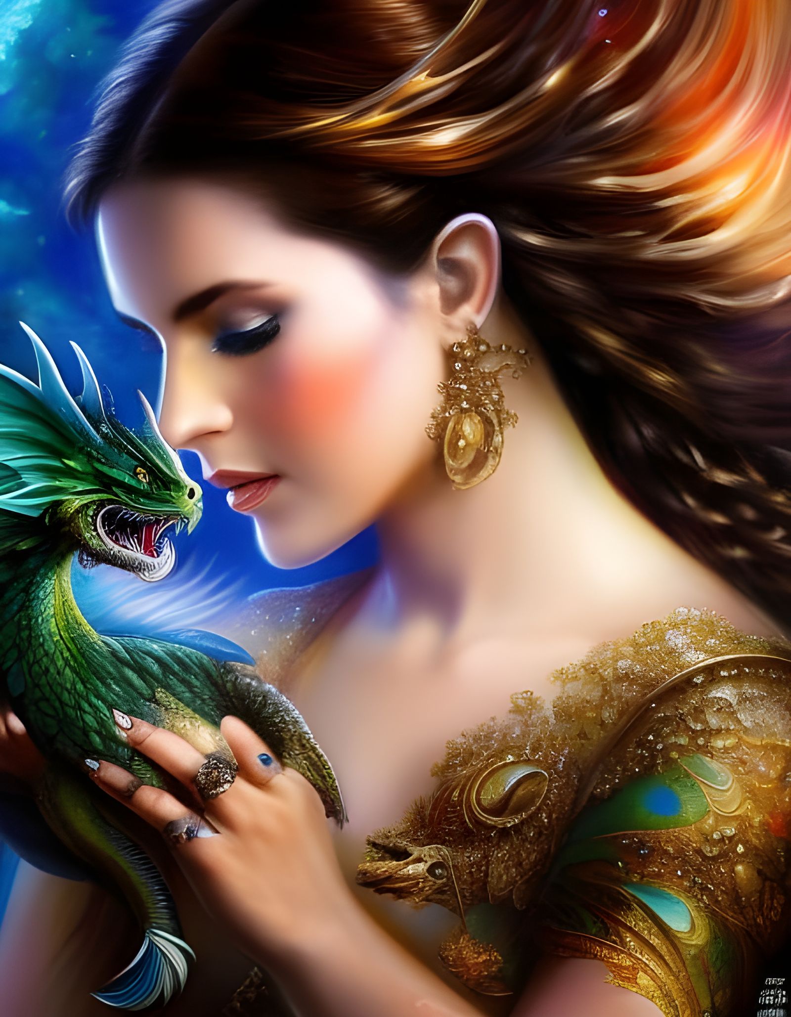 Woman with Iridescent Dragon, Art Nouveau Style