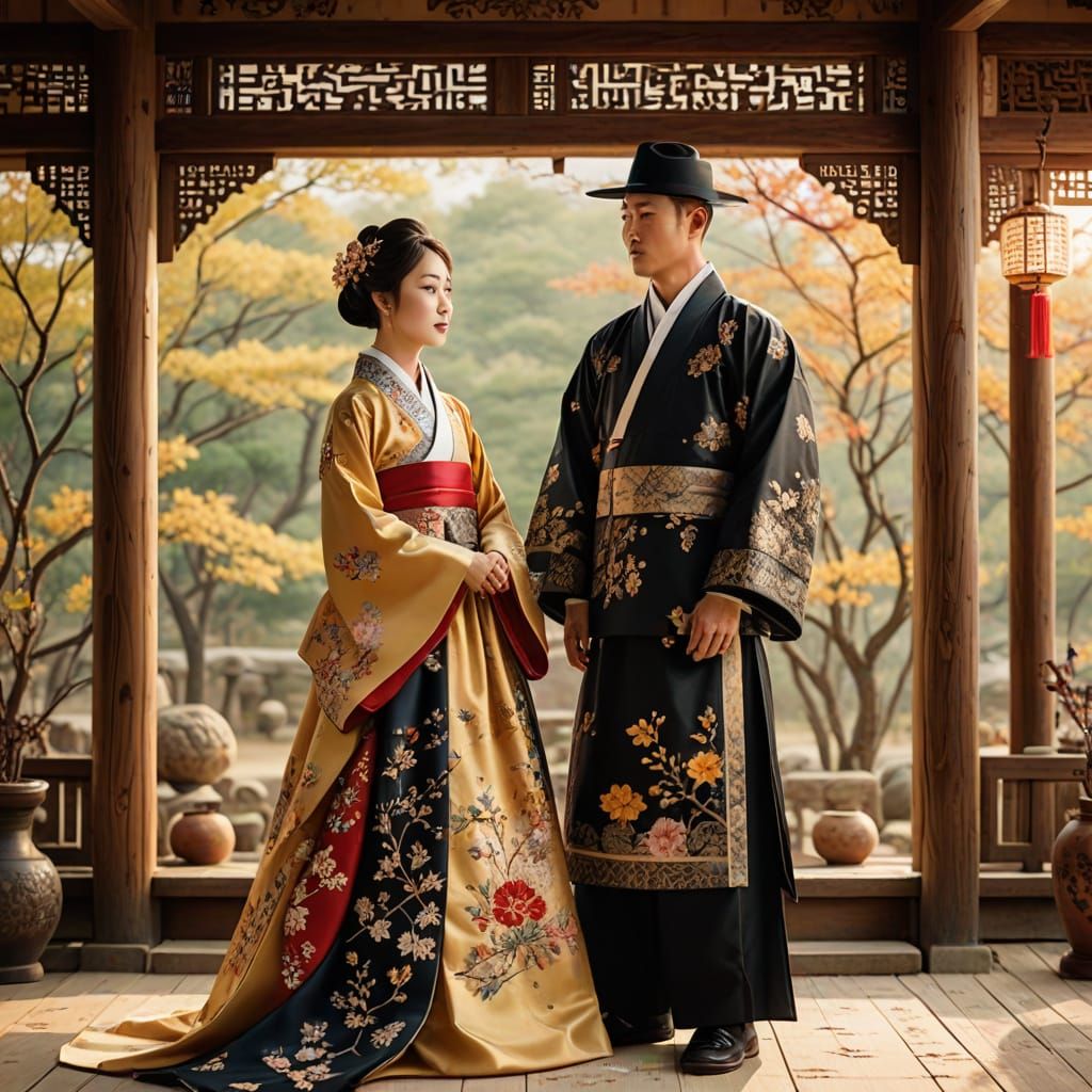 Traditional Korean Wedding Scene in Folk Art Style