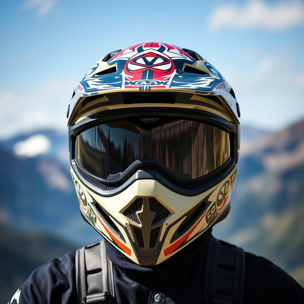 mx helmet with logos and swirls. front view. biker. mountain...